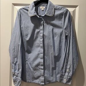 J. Crew Navy and White Striped Shirt with Pearl Detail